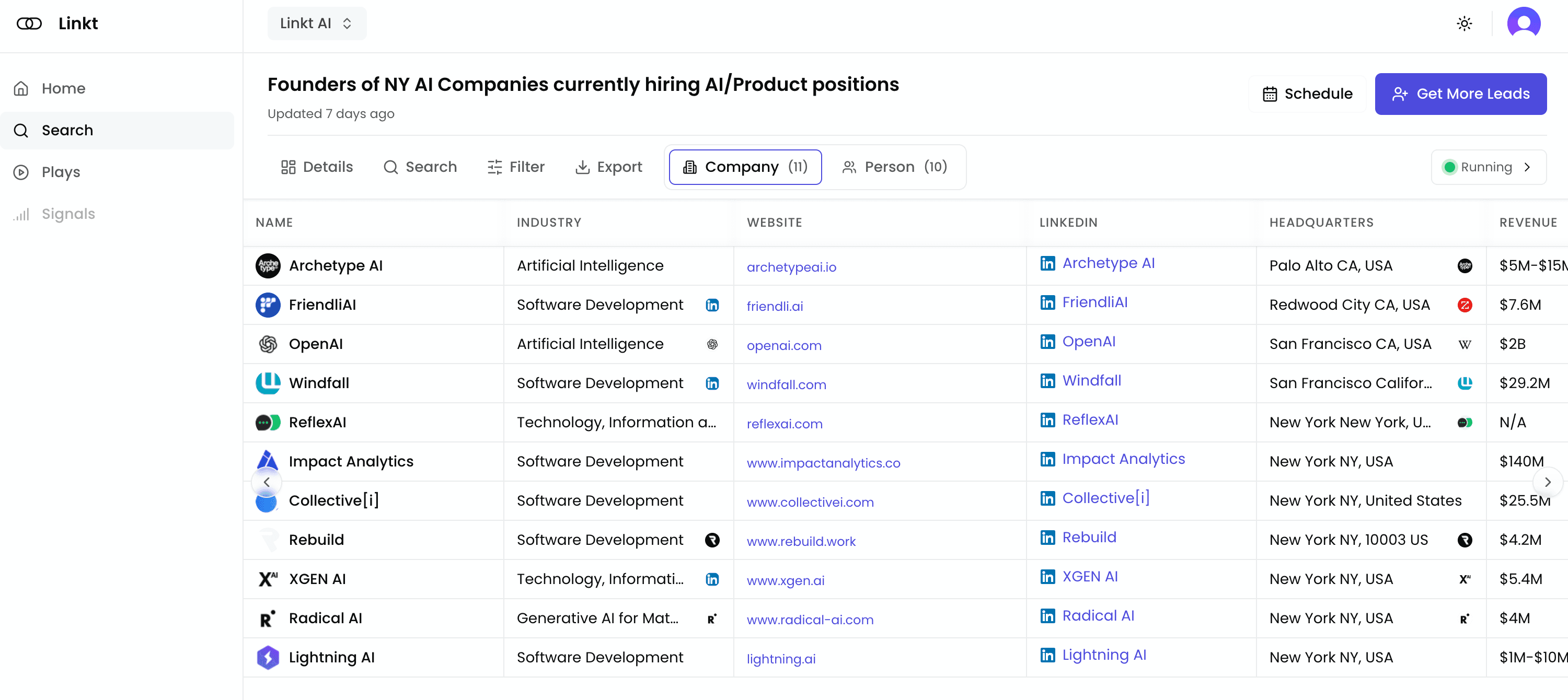 Linkt Platform - Search results with verified contacts